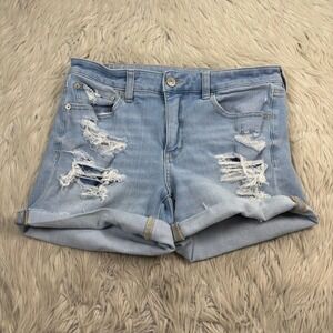 American Eagle Women's 12 Light Wash Distressed Midi Shorts Cuffed Hems Summer